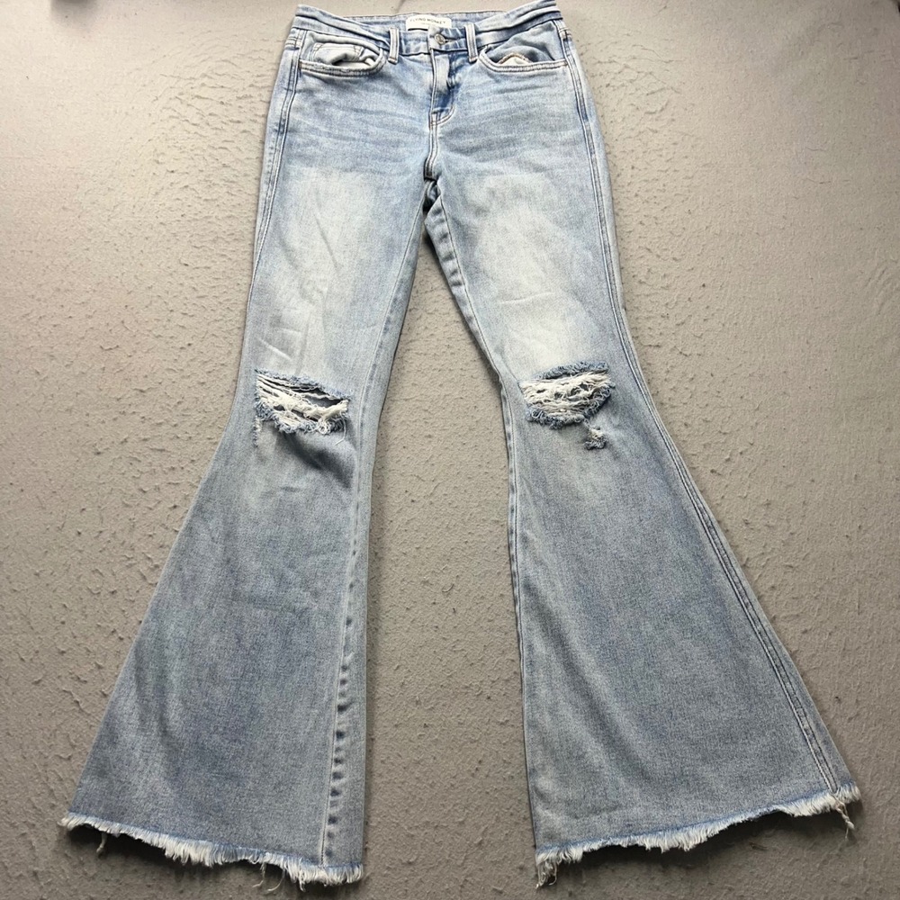 Flying Monkey Mid-Rise Flare Jeans Light Wash Distressed Raw Hem Size 25 BY4535R